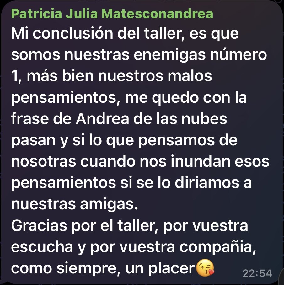 Mensaje de una madre tras un taller, reflexionando sobre hablarnos a nosotras mismas como le hablaríamos a una amiga