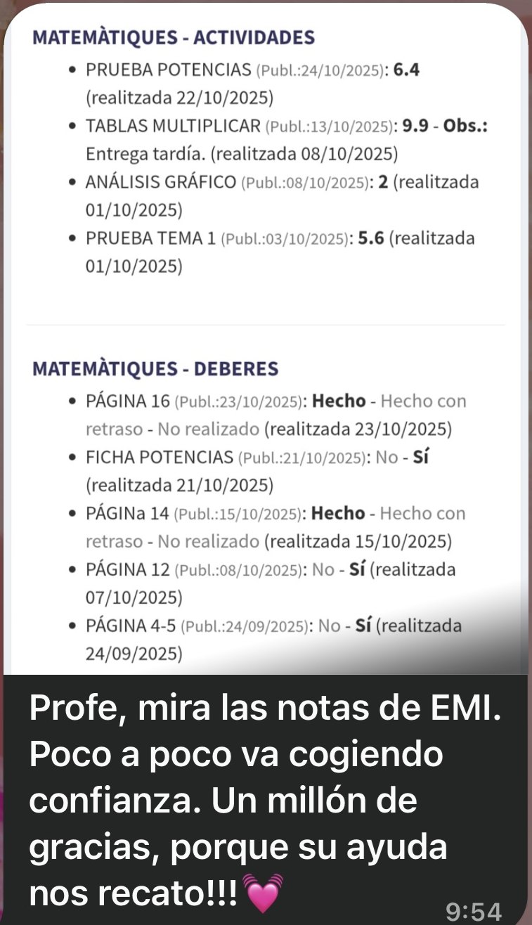 Boletín de notas escolar junto a un mensaje de una madre agradeciendo la ayuda y contando que su hijo va cogiendo confianza poco a poco