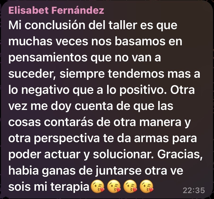 Mensaje de una madre tras un taller, agradeciendo la nueva perspectiva que le ha dado para poder actuar y solucionar