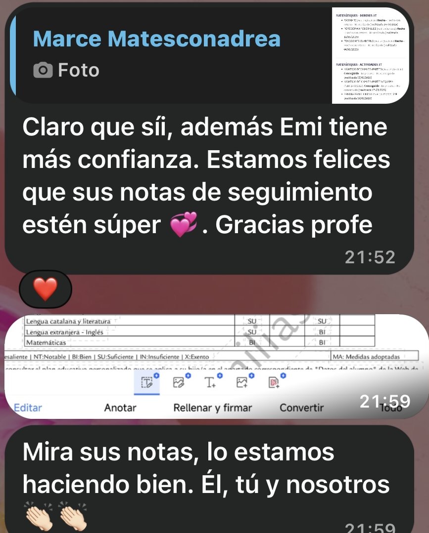 Mensaje de una familia confirmando que su hijo tiene más confianza y que sus notas de seguimiento han mejorado, junto a un boletín de notas escolar