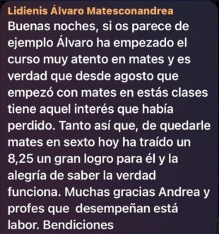 Mensaje de una familia celebrando que su hijo ha sacado un 8,25 en matemáticas en 6º de primaria, tras haber estado a punto de suspender