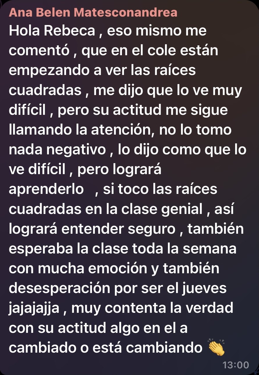 Mensaje de una profesora del equipo contando que una alumna espera la clase con ilusión toda la semana y que su actitud está cambiando